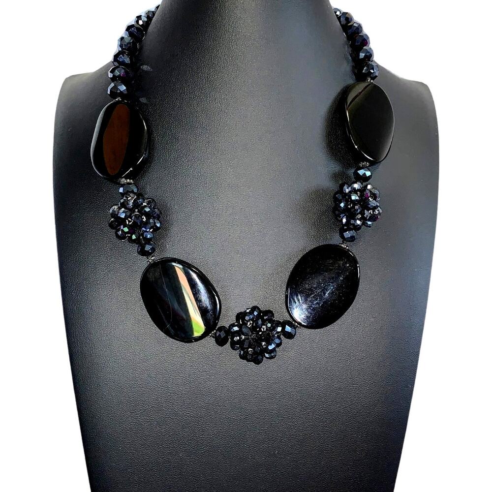 Vintage Black Glass Cluster Statement Necklace - Faceted Cocktail Jewelry